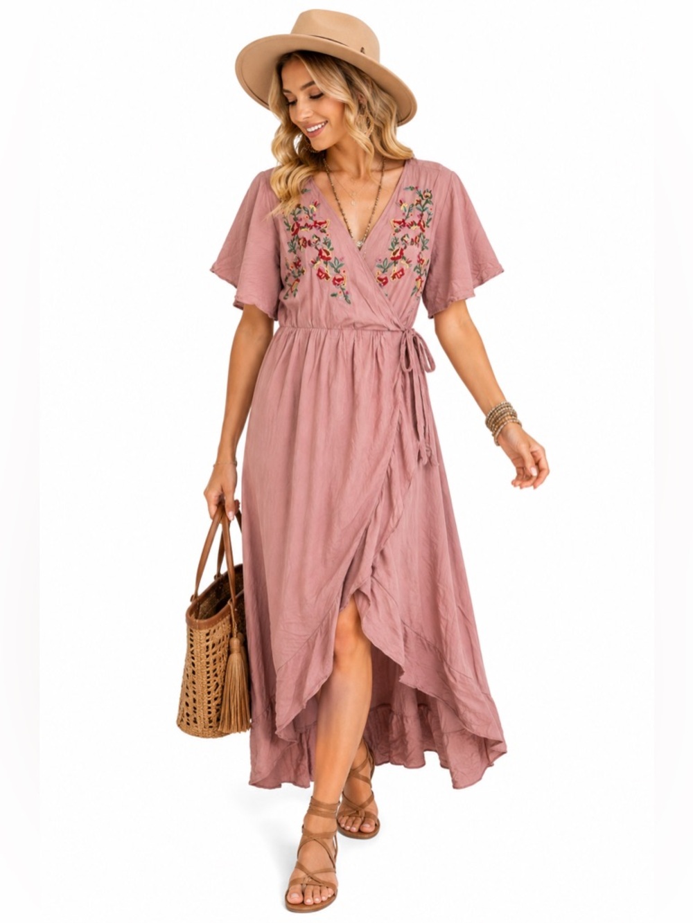 Wren Ivory Romanticcore Pink High Low Wrap Dress Floral Embroidery Long Sleeve L